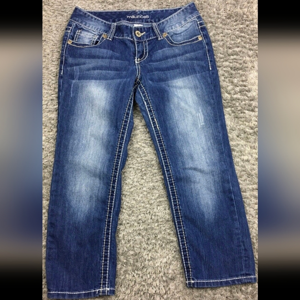 Maurices Capri Jean Pants Womens Size 1/2 Blue Dark Wash Thick Stitch Juniors.